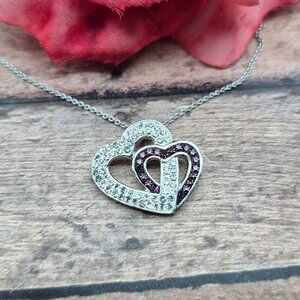 Double Heart Pendant Necklace Crystal & Amethyst Purple 925 18" Sterling Chain